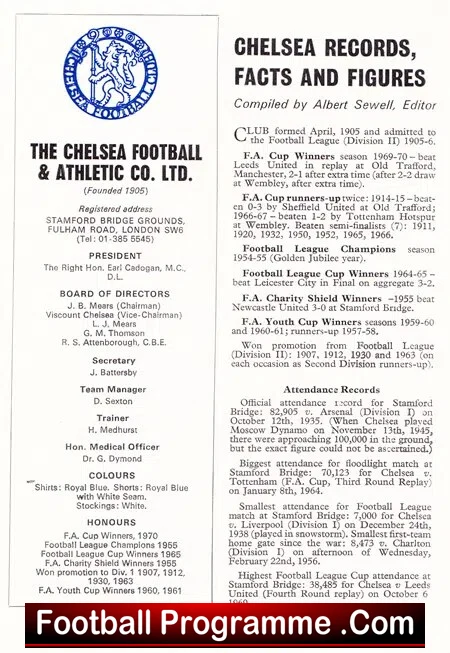 Chelsea Football Club Official Yearbook Handbook 1970 - 1971