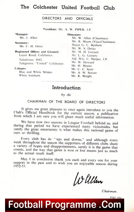 Colchester United Football Club Official Handbook 1952 - 1953