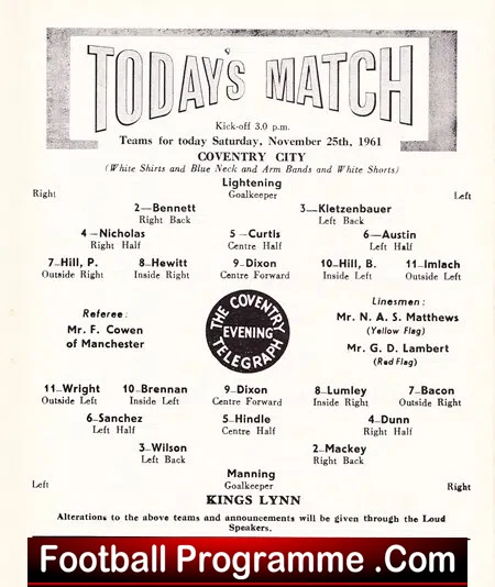 Coventry City v Kings Lynn 1961