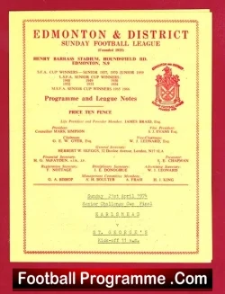 Earlsmead v St George 1974 - Senior Cup Final Edmonton SIGNED - football programme