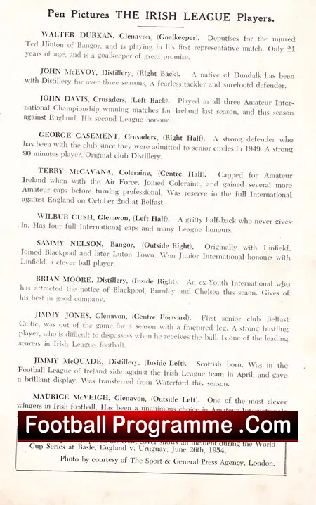 English Football League v Irish League 1954 - Liverpool - Signed