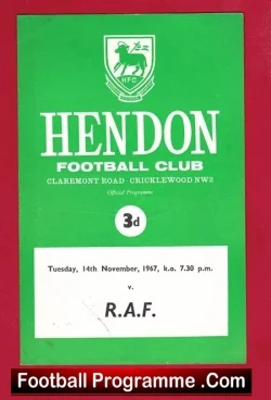 Hendon v Royal Air Force RAF 1967 - football programme