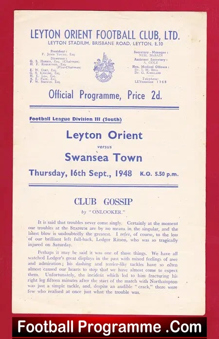 Leyton Orient v Swansea Town 1948
