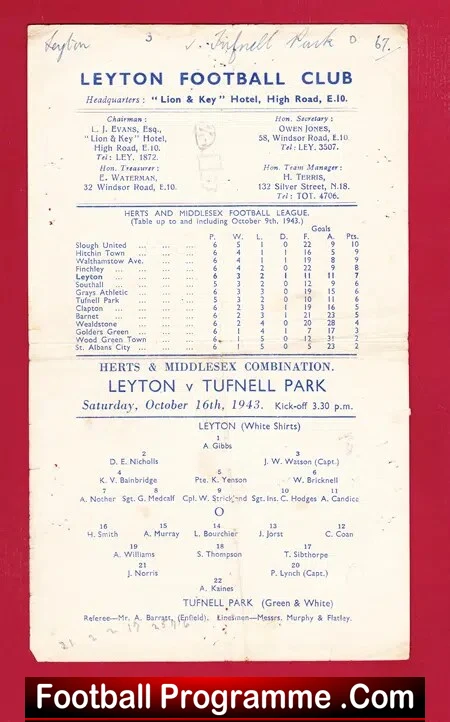 Leyton v Tufnell Park 1943 – Herts Middlesex Combination