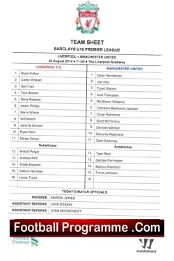 Liverpool v Manchester United 2014 - Team Sheet Under 18 - U18 - football memorabilia