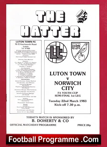 Luton Town v Norwich City 1983 – FA Youth Cup Semi Final