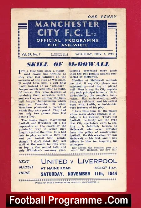 Manchester City v Everton 1944 – Wartime Football Programmes