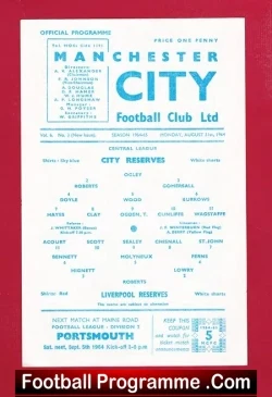 Manchester City v Liverpool 1964 - Reserves Game - football programme