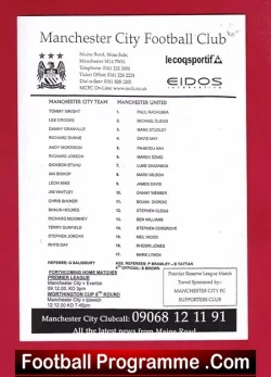 Manchester City v Manchester United 2000 - Team Sheet ERROR - football memorabilia