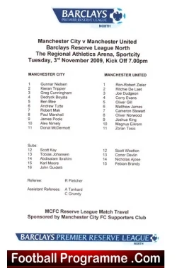 Manchester City v Manchester United 2009 - Team Sheet Reserves - football memorabilia