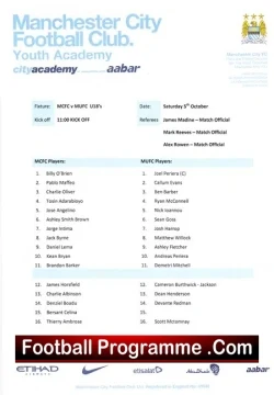 Manchester City v Manchester United 2013 - Team Sheet Under 18 - football memorabilia