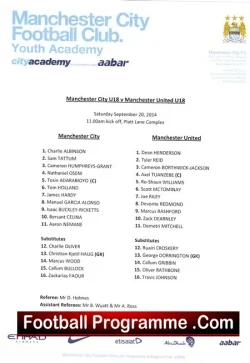 Manchester City v Manchester United 2014 - Team Sheet Under U18 - football memorabilia