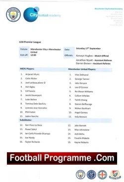 Manchester City v Manchester United 2015 - Team Sheet Under 18 - football memorabilia
