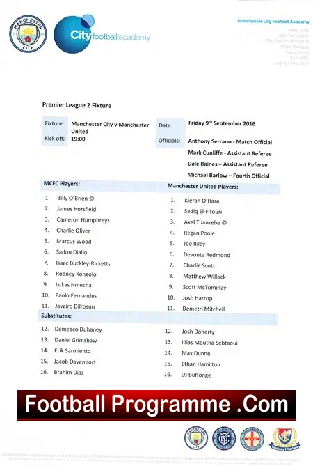 Manchester City v Manchester United 2016 – Team Sheet Under 18