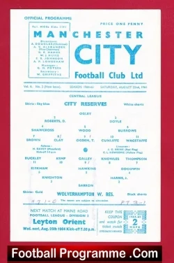 Manchester City v Wolves 1964 - Reserves Match - football programme