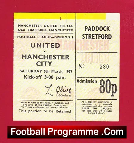 Manchester United v Manchester City 1977 – Football Ticket