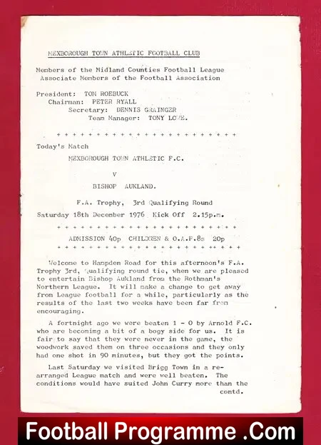 Mexborough Town Athletic v Bishop Auckland 1976 - FA Trophy
