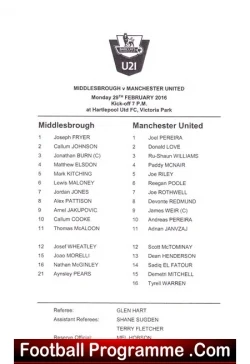 Middlesbrough v Manchester United 2016 – Team Sheet