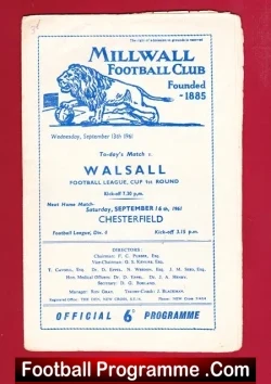 Millwall v Walsall 1961 - to clear - football programme