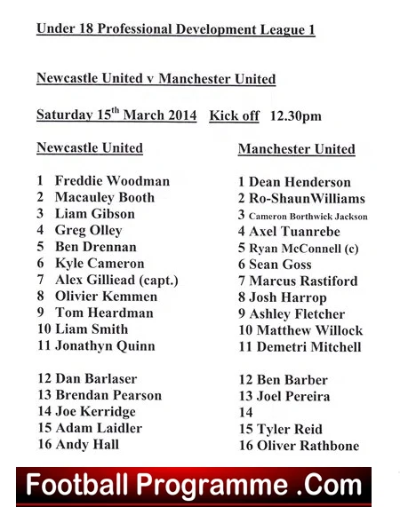 Newcastle United v Manchester United 2014 – Team Sheet Under U18