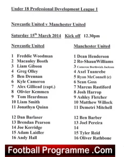 Newcastle United v Manchester United 2014 – Team Sheet Under U18