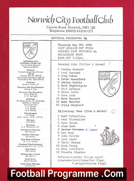 Norwich City v Billericay Town 1980 – East Anglia Cup Final