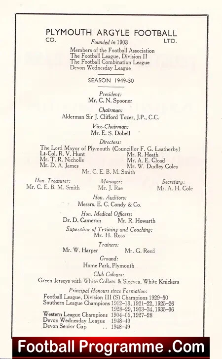 Plymouth Argyle Football Club Official Handbook 1949 - 1950
