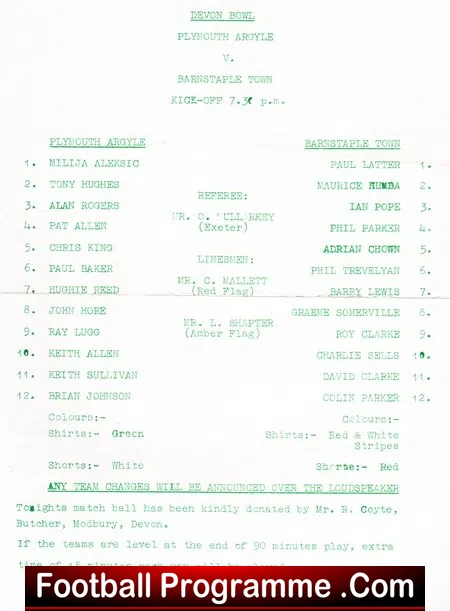 Plymouth Argyle v Barnstaple Town 1973 – Devon Bowl Semi Final
