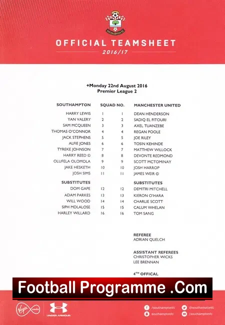 Southampton v Manchester United 2016 – Team Sheet