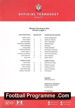 Southampton v Manchester United 2016 – Team Sheet
