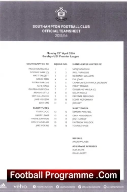 Southampton v Manchester United 2016 - Team Sheet Under 21 - U21 - football memorabilia