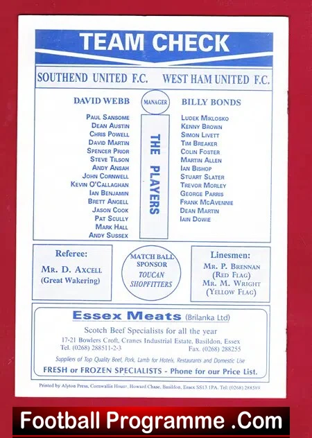 Southend United v West Ham United 1991 - Pre Season Friendly