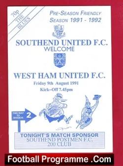Southend United v West Ham United 1991 - Pre Season Friendly - football programme