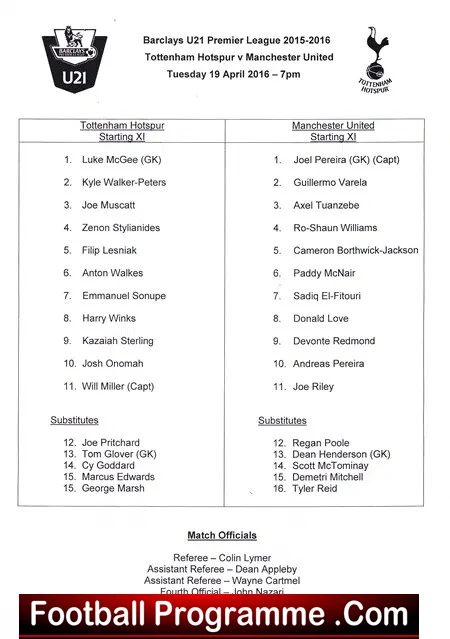 Tottenham Hotspur v Manchester United 2016 – U21 Team Sheet