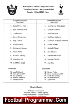 Tottenham Hotspur v Manchester United 2016 – U21 Team Sheet
