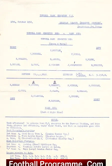 Tufnell Park Edmonton v Ware 1952 – Reserves Match