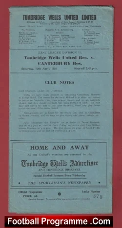 Tunbridge Wells United v Canterbury City 1954 - Reserves Match - football programme