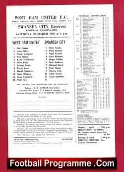 West Ham United v Swansea City 1985 - Reserves Match + Paul Ince - football programme