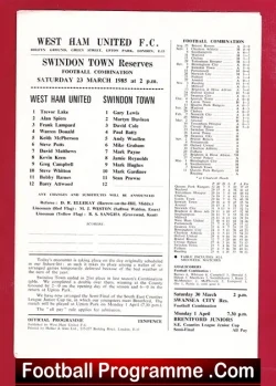 West Ham United v Swindon Town 1985 Reserves Match Frank Lampard - football programme