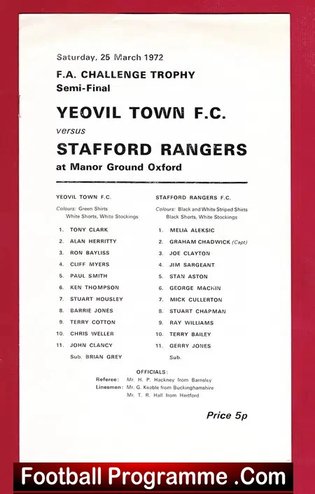 Yeovil Town v Stafford Rangers 1972 Challenge Trophy Semi Final