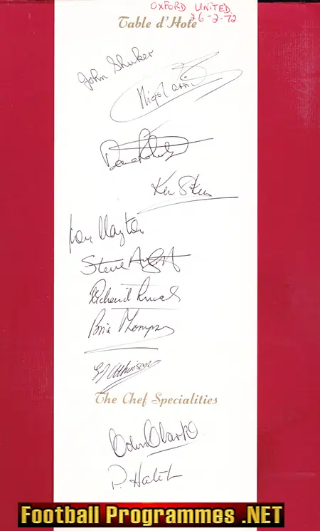 Oxford United Football Team Multi Signed Hotel Menu 1972