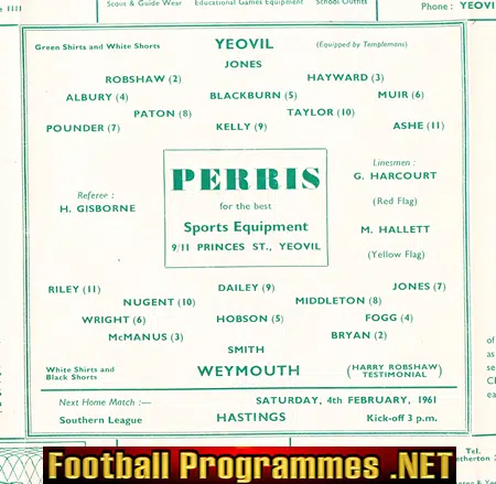 Harry Robshaw Testimonial Benefit Match Game Yeovil Town 1961