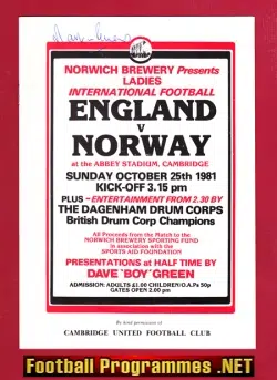 England Ladies v Norway 1981 – Abbey Stadium Cambridge Womens SIGNED