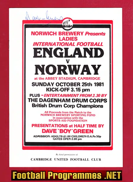 England Ladies v Norway 1981 – Abbey Stadium Cambridge Womens SIGNED