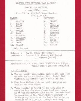Bedford Town v Kettering Town 1974 – FA Cup – Single Sheet