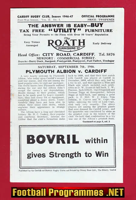 Plymouth Albion Rugby v Cardiff 1946