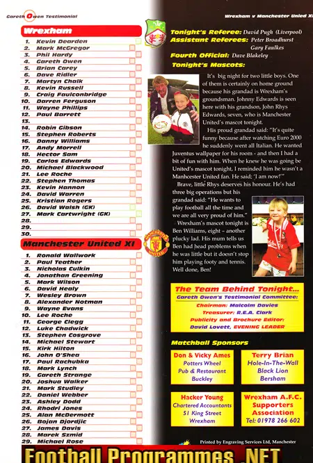 Gareth Owen Testimonial Benefit Match Wrexham Man Utd SIGNED