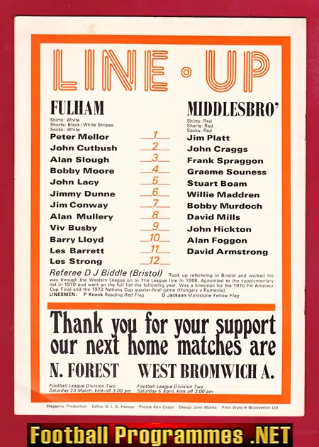 Fulham v Middlesbrough 1974 - Bobby Moore First Game