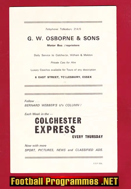 Tony Macedo Testimonial Benefit Match Colchester United 1969