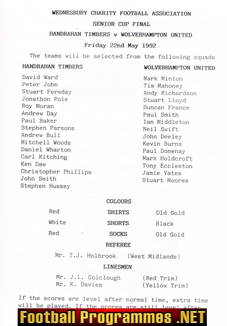 Handrahan Timbers v Wolverhampton United 1992 - Senior Cup Final